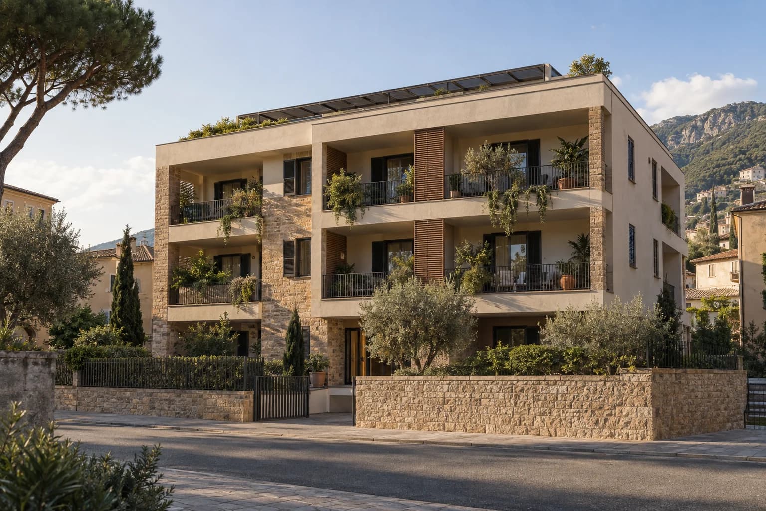 Visual illustrativo di una residenza contemporanea con logge e verde mediterraneo